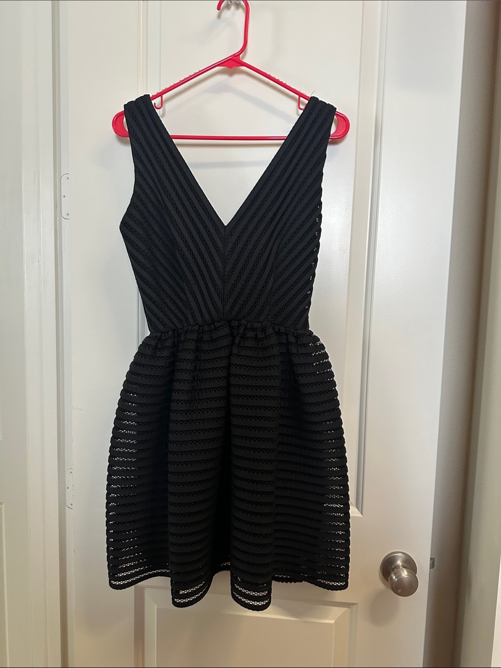 Saks Fifth Avenue Black V-Neck Striped Fit & Flare Mini Dress
